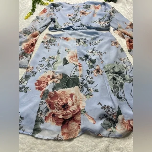 Bardot x Revolve Cutout Floral Frill Long Bell Sleeve Mini Dress in Blue Pink 6 - Picture 10 of 15